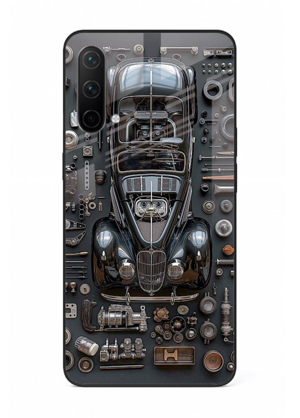 Black performance car surrounded by mechanical parts in dark flatlay design for OnePlus Nord CE 5G Back Cover