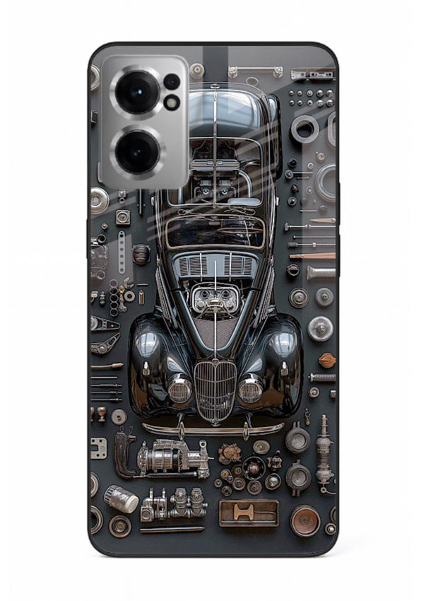 Black performance car surrounded by mechanical parts in dark flatlay design for OnePlus Nord CE2 5G Back Cover