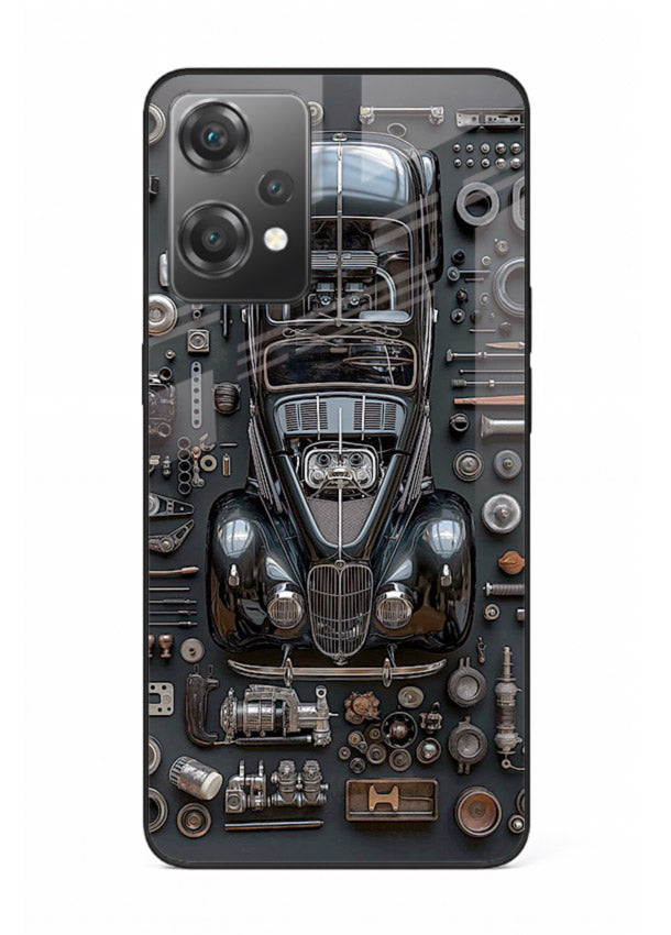 Black performance car surrounded by mechanical parts in dark flatlay design for OnePlus Nord CE2 Lite 5G Back Cover