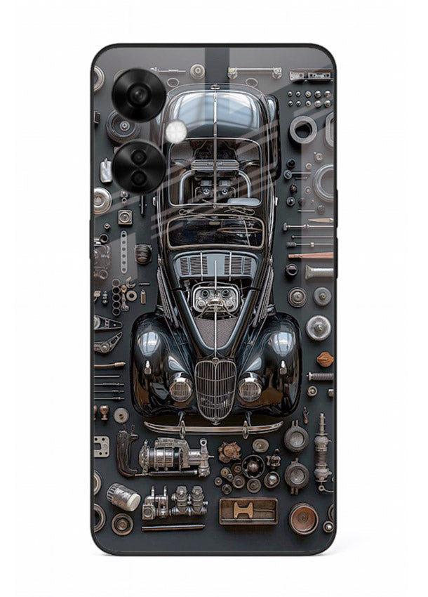 Black performance car surrounded by mechanical parts in dark flatlay design for OnePlus Nord CE3 Lite Back Cover