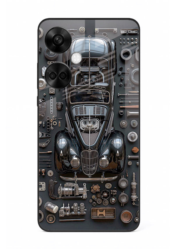 Black performance car surrounded by mechanical parts in dark flatlay design for OnePlus Nord CE3 Back Cover