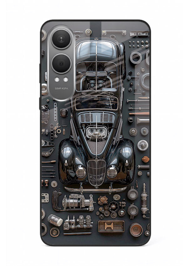 Black performance car surrounded by mechanical parts in dark flatlay design for OnePlus Nord CE4 Lite Back Cover