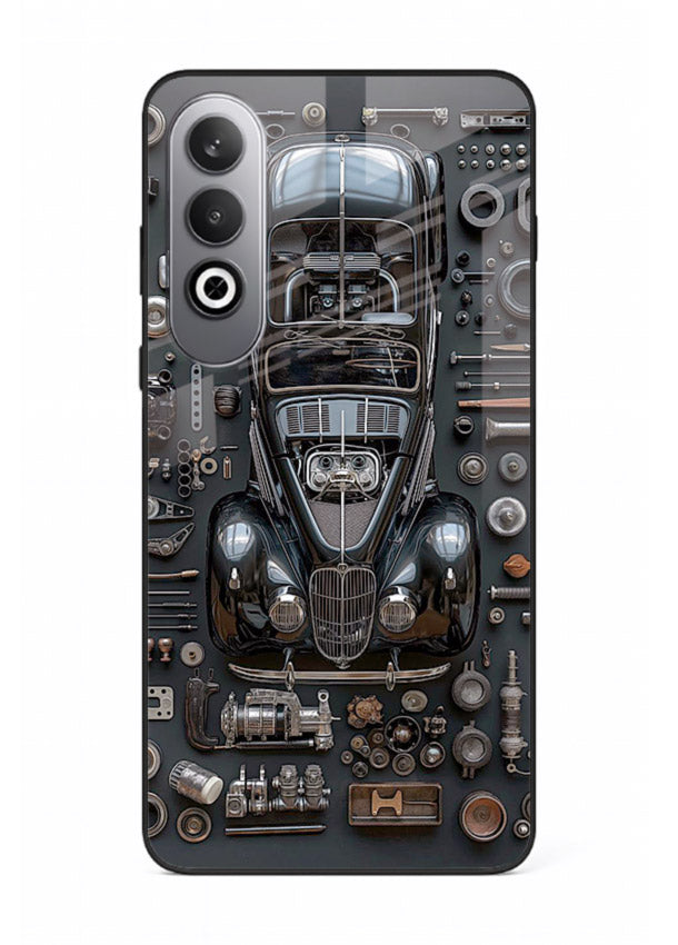 Black performance car surrounded by mechanical parts in dark flatlay design for OnePlus Nord CE4 Back Cover
