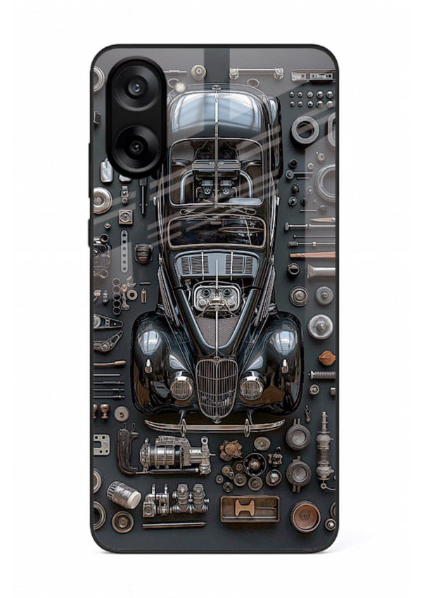 Black performance car surrounded by mechanical parts in dark flatlay design for OnePlus Nord CE5 Back Cover