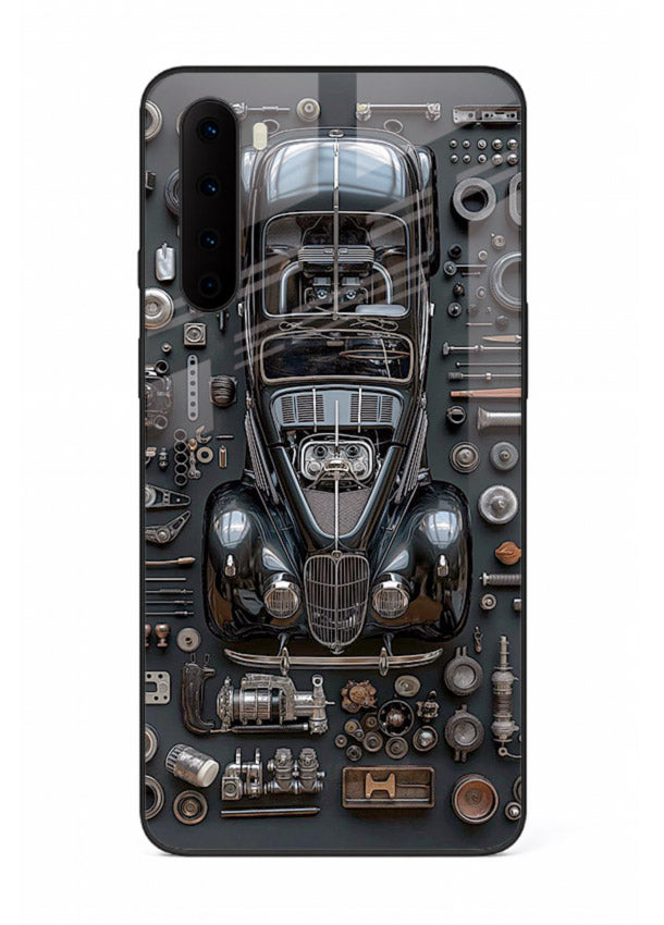 Black performance car surrounded by mechanical parts in dark flatlay design for OnePlus Nord Back Cover