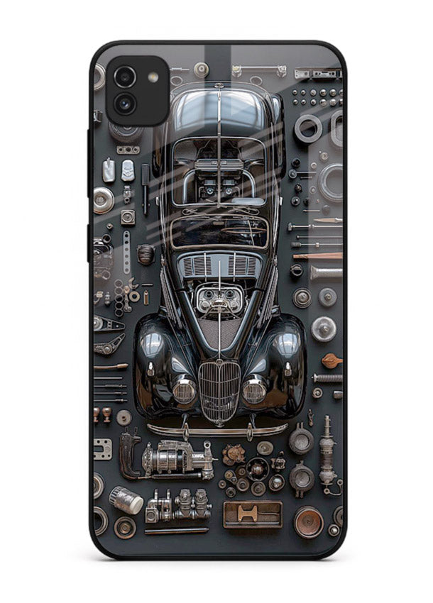 Black performance car surrounded by mechanical parts in dark flatlay design for Samsung A03 Back Cover