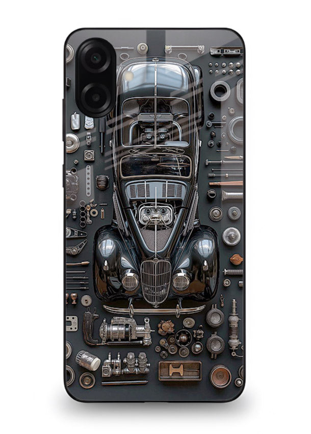 Black performance car surrounded by mechanical parts in dark flatlay design for Samsung M13 5G Back Cover