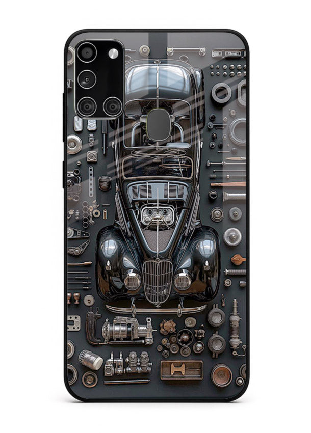 Black performance car surrounded by mechanical parts in dark flatlay design for Samsung A21s Back Cover