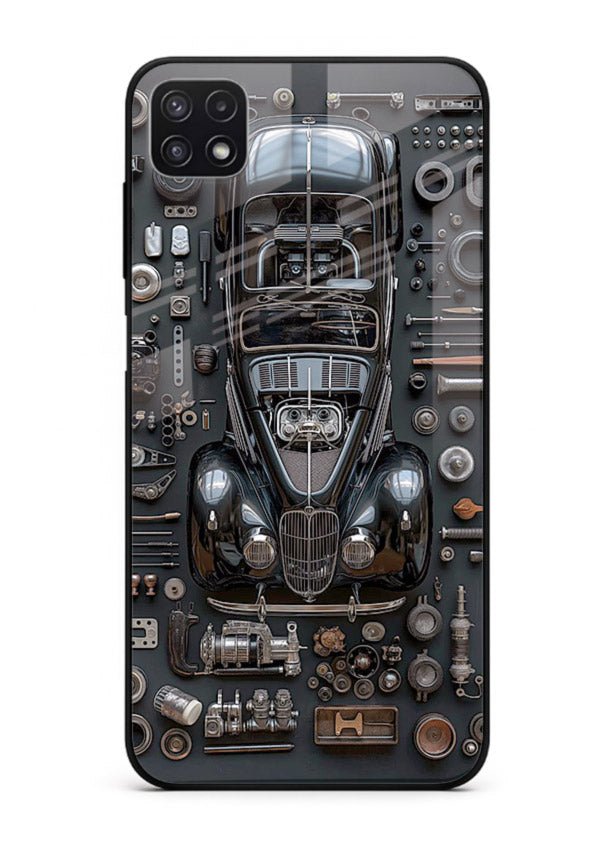 Black performance car surrounded by mechanical parts in dark flatlay design for Samsung A22 5G Back Cover