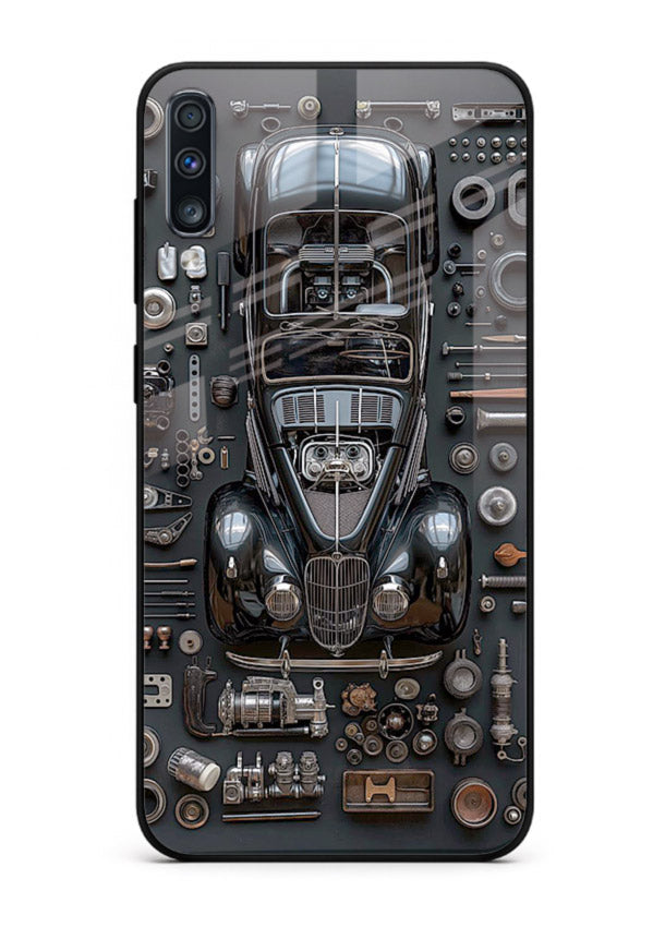 Black performance car surrounded by mechanical parts in dark flatlay design for Samsung A50 Back Cover