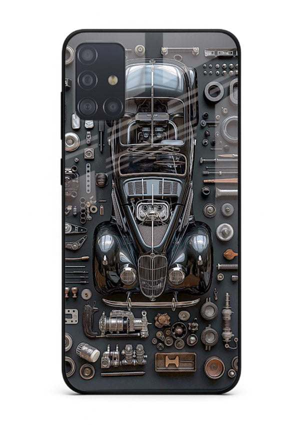 Black performance car surrounded by mechanical parts in dark flatlay design for Samsung A71 Back Cover