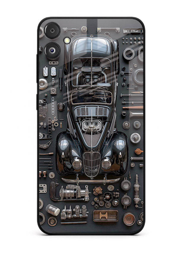 Black performance car surrounded by mechanical parts in dark flatlay design for Samsung F04 5G Back Cover