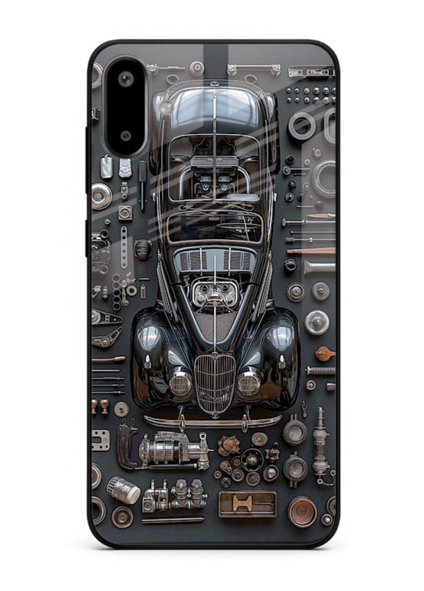 Black performance car surrounded by mechanical parts in dark flatlay design for Samsung F06 5G Back Cover