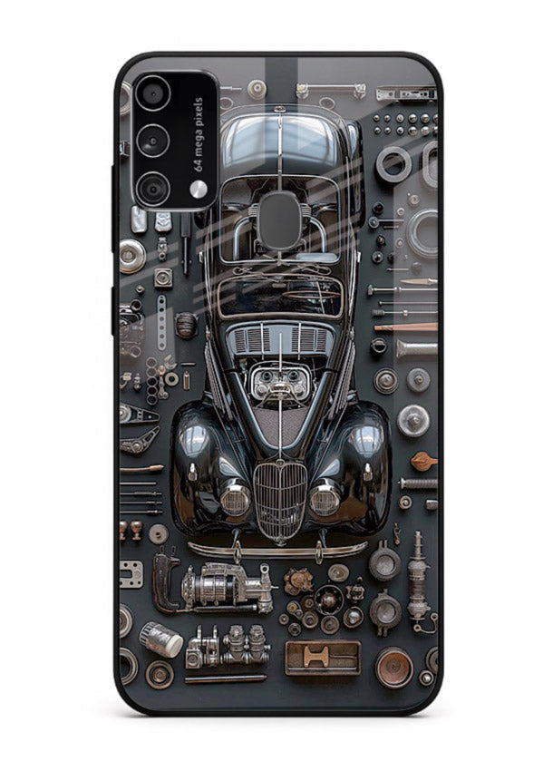 Black performance car surrounded by mechanical parts in dark flatlay design for Samsung F41 Back Cover
