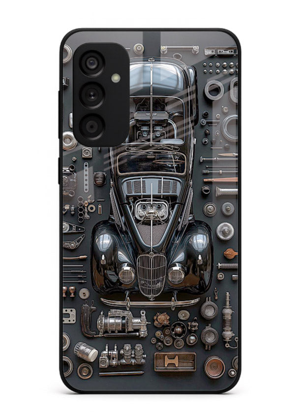 Black performance car surrounded by mechanical parts in dark flatlay design for Samsung F34 5G Back Cover