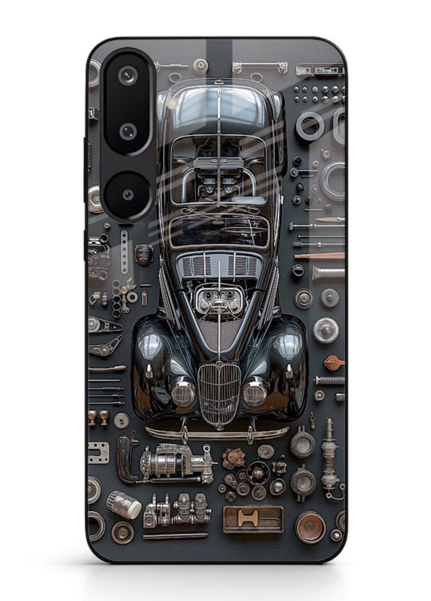 Black performance car surrounded by mechanical parts in dark flatlay design for Samsung M16 5G Back Cover
