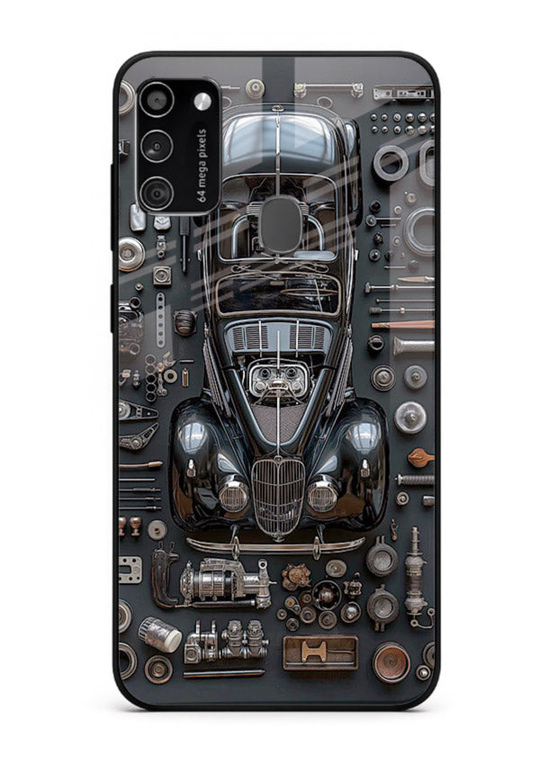 Black performance car surrounded by mechanical parts in dark flatlay design for Samsung M30s Back Cover