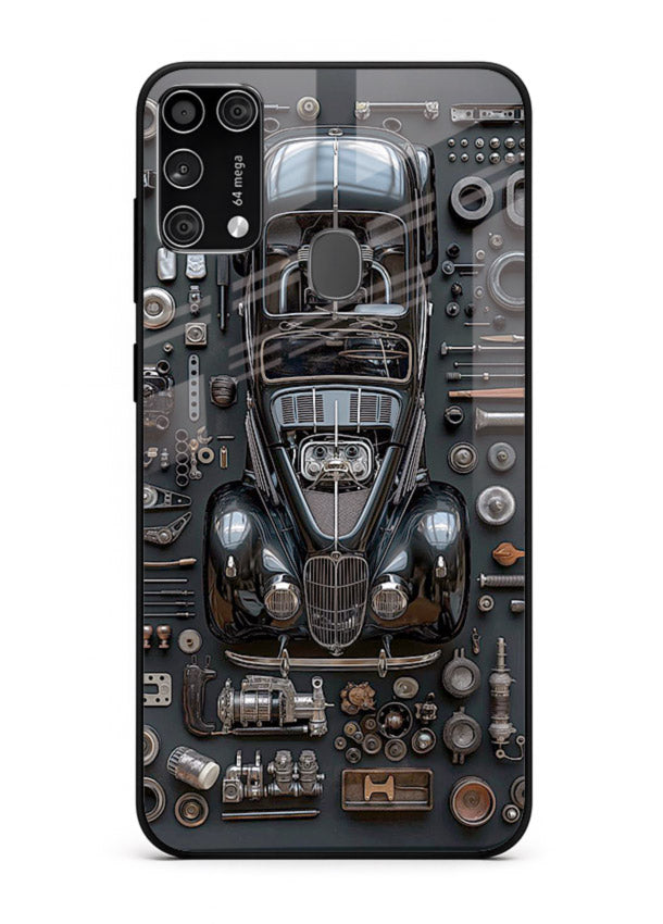 Black performance car surrounded by mechanical parts in dark flatlay design for Samsung M31 Prime Back Cover