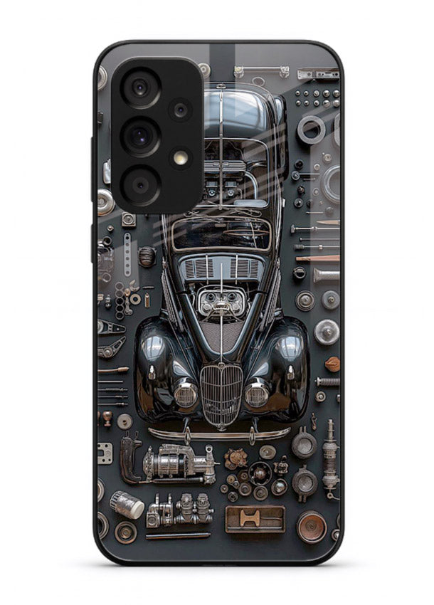 Black performance car surrounded by mechanical parts in dark flatlay design for Samsung A33 5G Back Cover