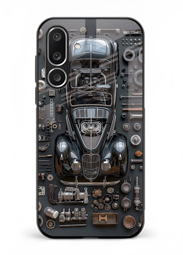 Black performance car surrounded by mechanical parts in dark flatlay design for Samsung M56 5G Back Cover