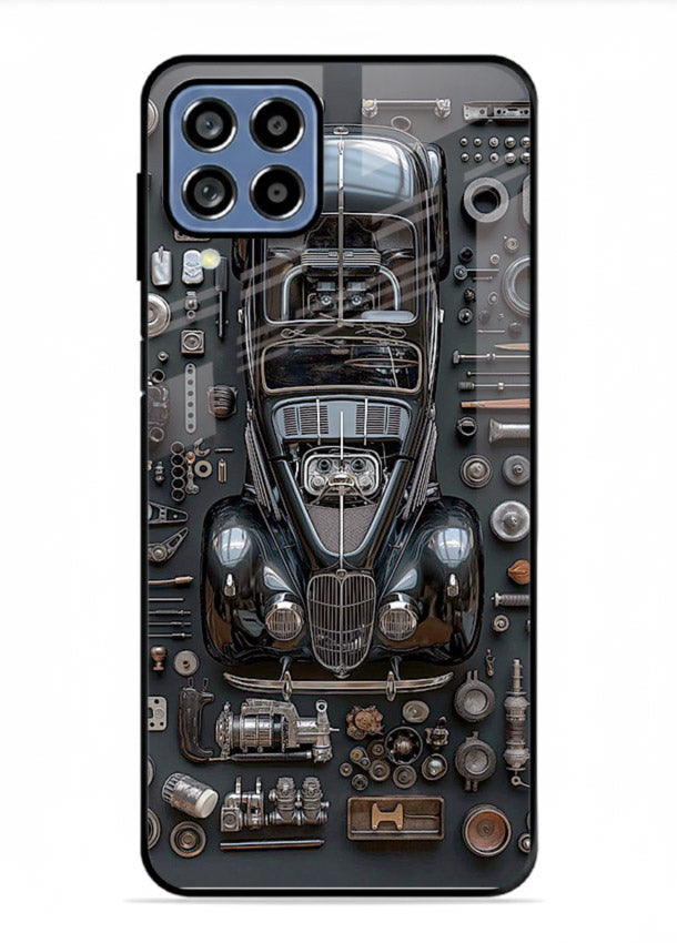 Black performance car surrounded by mechanical parts in dark flatlay design for Samsung F62 Back Cover