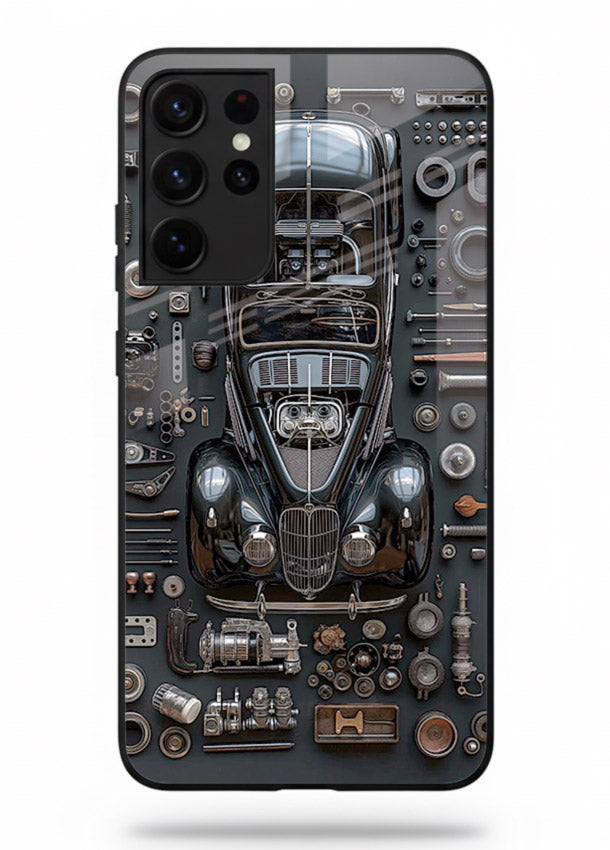Black performance car surrounded by mechanical parts in dark flatlay design for Samsung S21 Ultra Back Cover