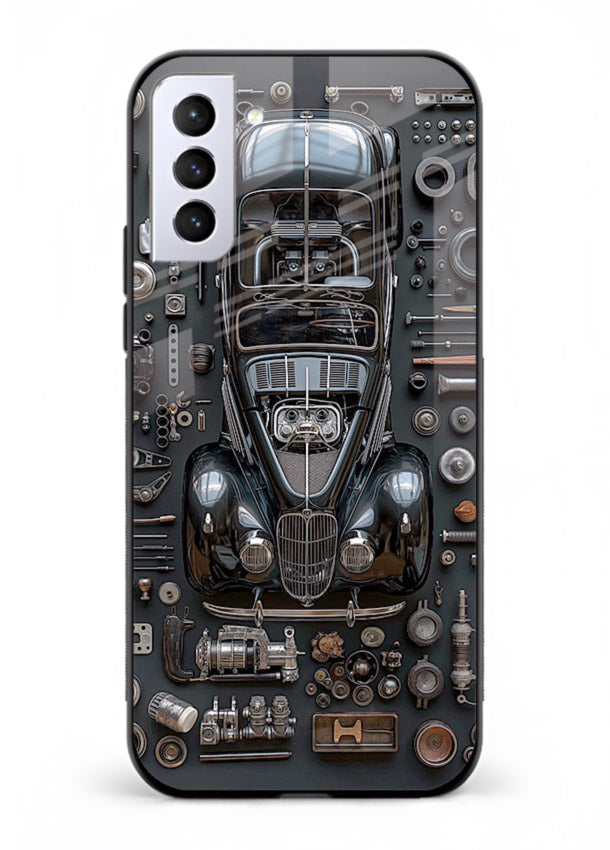 Black performance car surrounded by mechanical parts in dark flatlay design for Samsung S21 Plus Back Cover