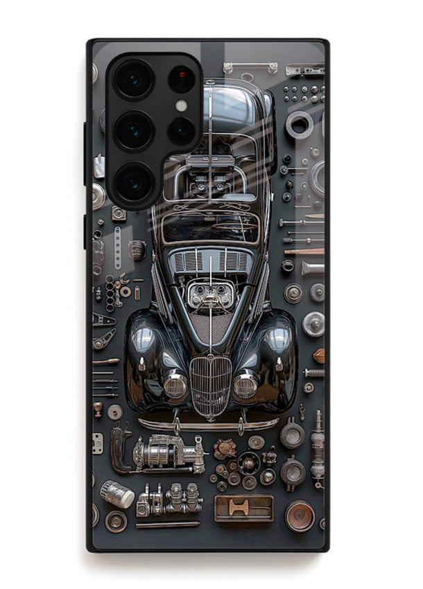 Black performance car surrounded by mechanical parts in dark flatlay design for Samsung S25 Ultra Back Cover