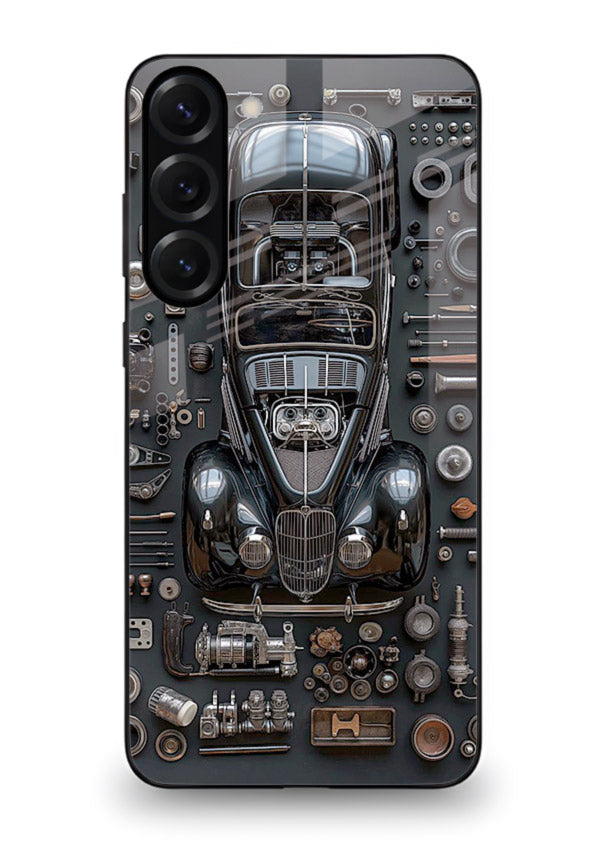 Black performance car surrounded by mechanical parts in dark flatlay design for Samsung S23 Back Cover