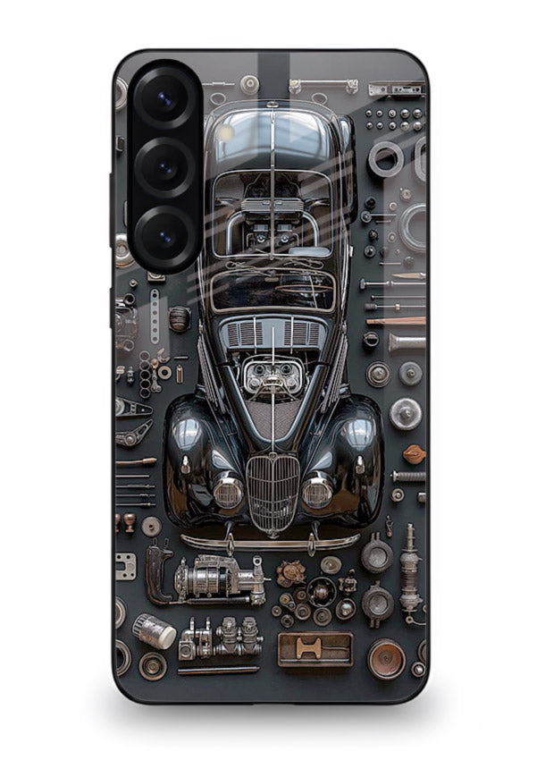 Black performance car surrounded by mechanical parts in dark flatlay design for Samsung A16 5G Back Cover