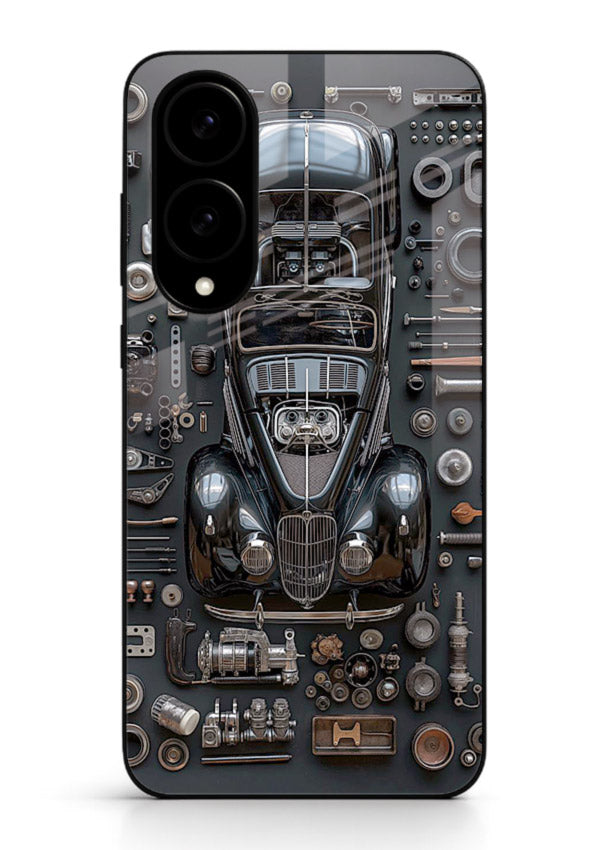 Black performance car surrounded by mechanical parts in dark flatlay design for Samsung S25 Edge Back Cover