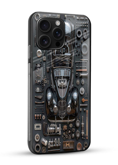 Black performance car surrounded by mechanical parts in dark flatlay design - 2