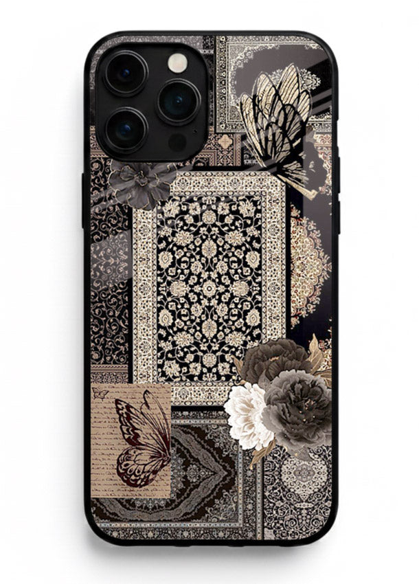 Dark vintage collage artwork printed on premium tempered glass iPhone 14 Pro back cover