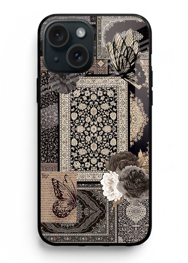 Dark vintage collage artwork printed on premium tempered glass iPhone 14 Plus back cover