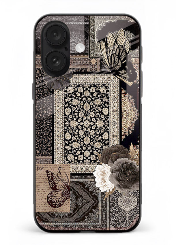 Dark vintage collage artwork printed on premium tempered glass iPhone 17 back cover