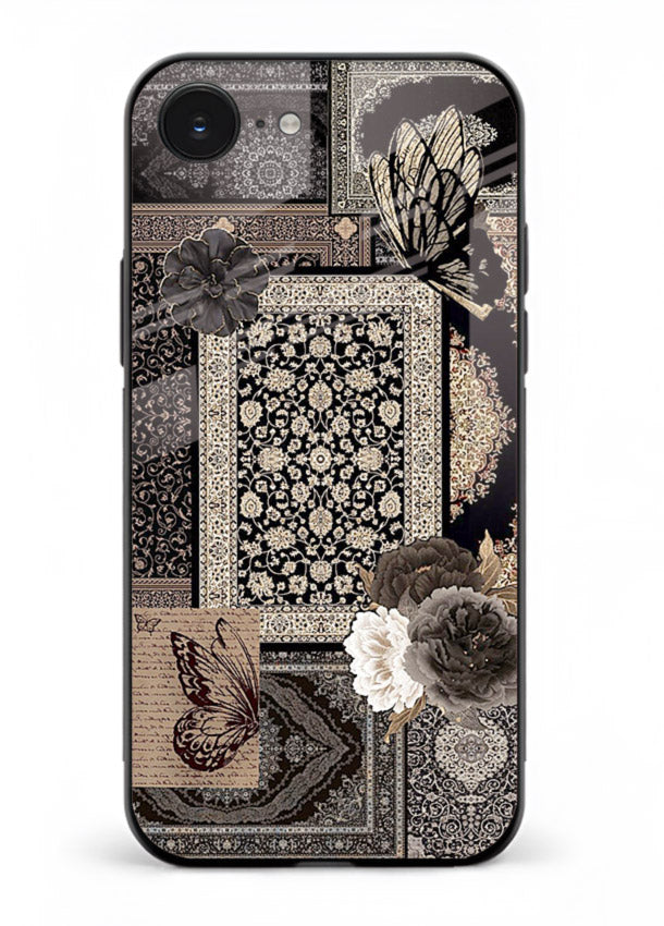Dark vintage collage artwork printed on premium tempered glass iPhone 16E back cover