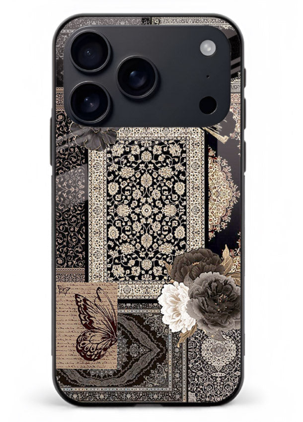 Dark vintage collage artwork printed on premium tempered glass iPhone 18 Pro Max back cover