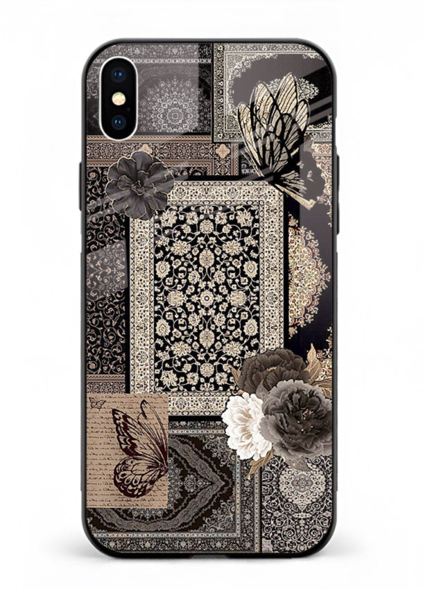 Dark vintage collage artwork printed on premium tempered glass iPhone XS back cover