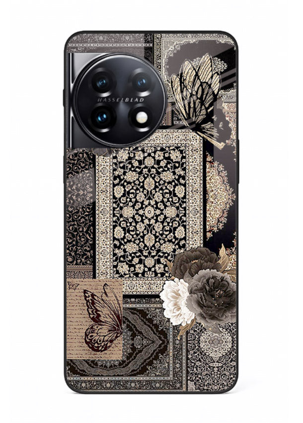 Dark vintage collage artwork printed on premium tempered glass OnePlus 11R back cover