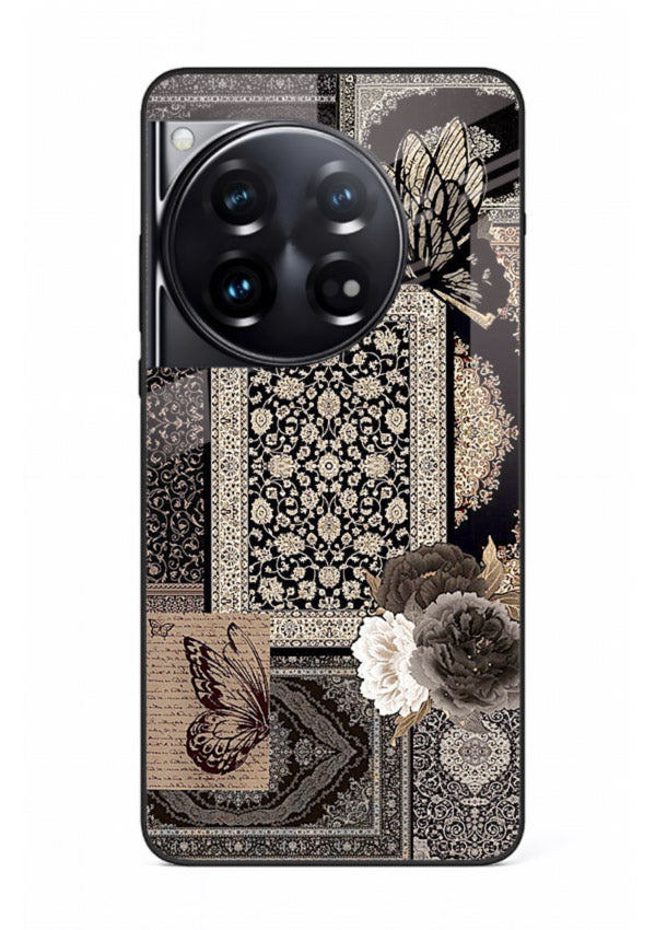 Dark vintage collage artwork printed on premium tempered glass OnePlus 12 back cover