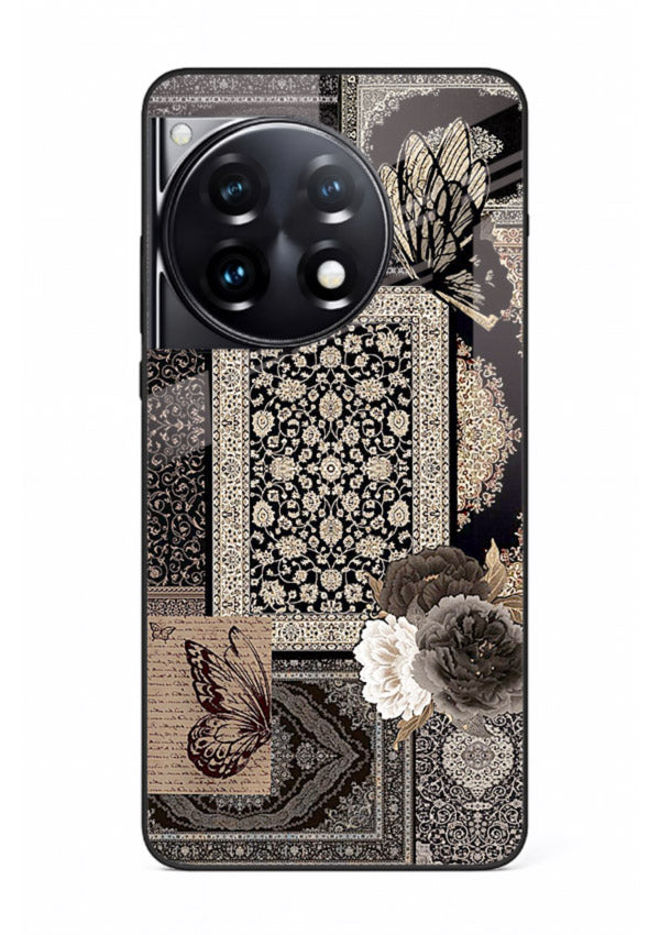 Dark vintage collage artwork printed on premium tempered glass OnePlus 12R back cover