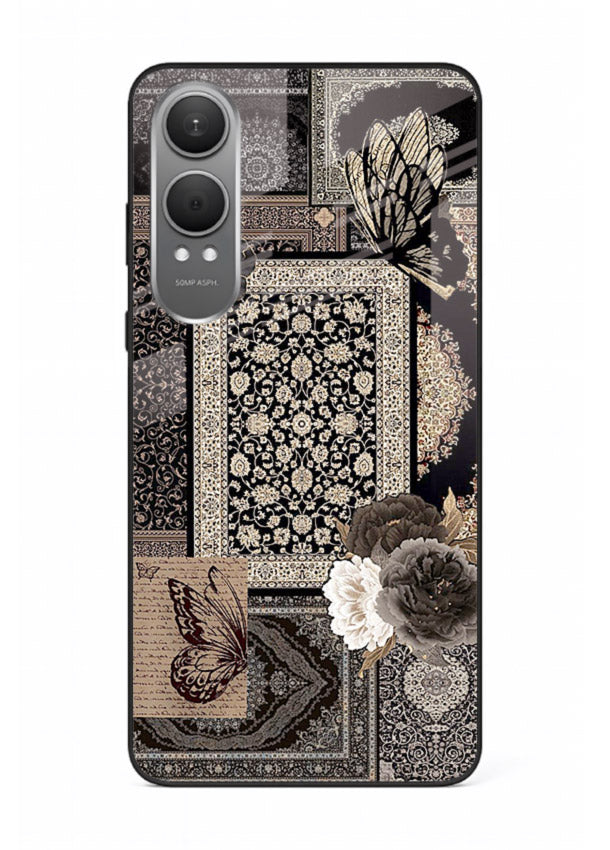 Dark vintage collage artwork printed on premium tempered glass OnePlus Nord CE4 Lite back cover