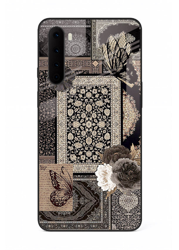Dark vintage collage artwork printed on premium tempered glass OnePlus Nord back cover