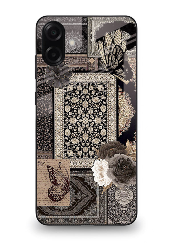Dark vintage collage artwork printed on premium tempered glass Samsung A06 5G back cover