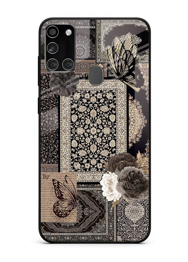 Dark vintage collage artwork printed on premium tempered glass Samsung A21s back cover