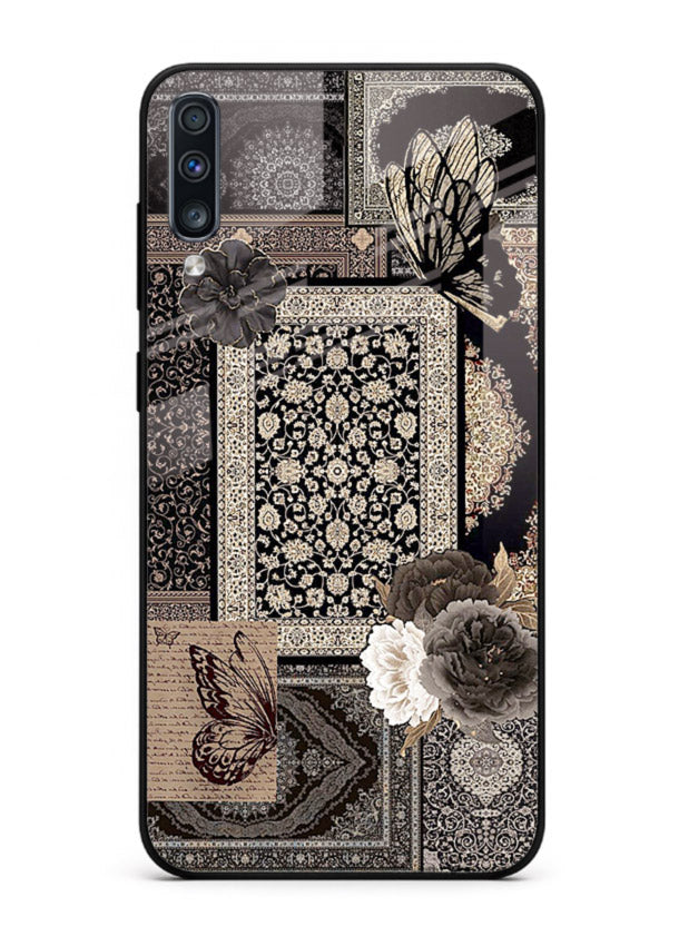 Dark vintage collage artwork printed on premium tempered glass Samsung A70 back cover