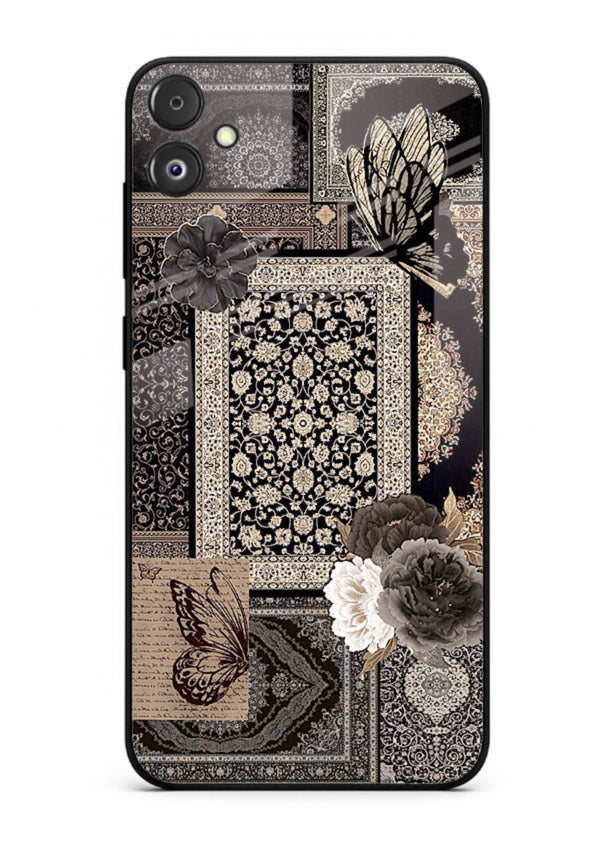 Dark vintage collage artwork printed on premium tempered glass Samsung F05 5G back cover