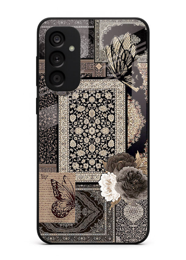 Dark vintage collage artwork printed on premium tempered glass Samsung A04s 5G back cover