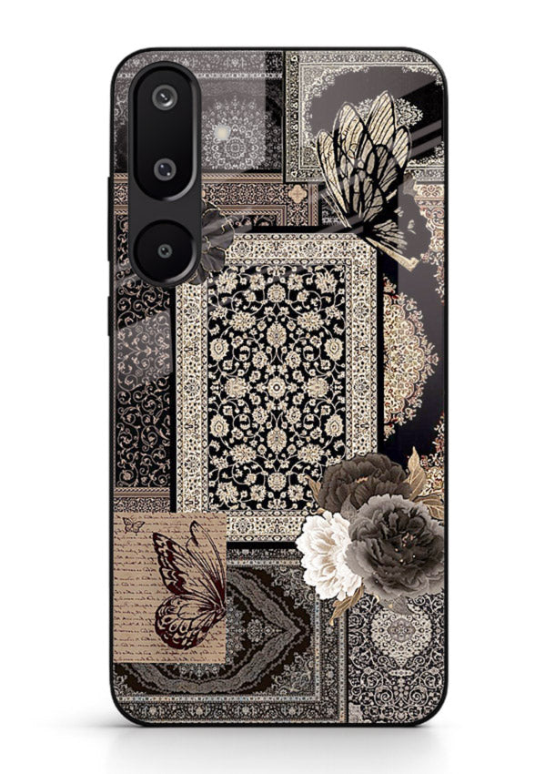 Dark vintage collage artwork printed on premium tempered glass Samsung F16 5G back cover