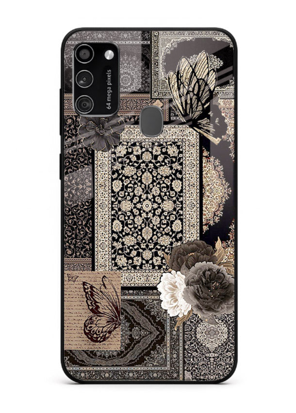 Dark vintage collage artwork printed on premium tempered glass Samsung M30s back cover